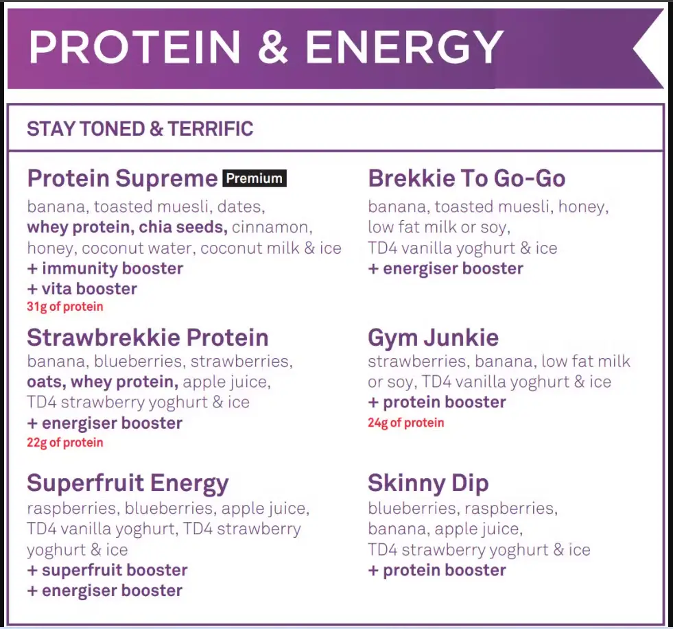 Boost Juice Protein & Energy Drinks Menu