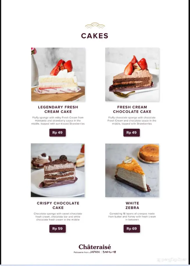 Chateraise Sliced Cakes Menu 