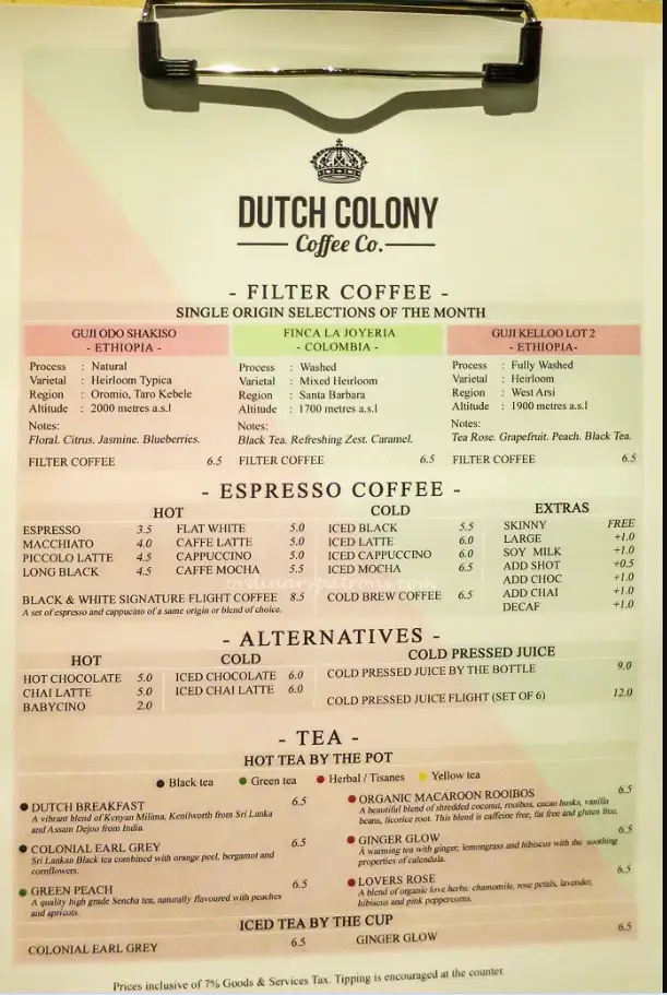 Dutch Colony Menu