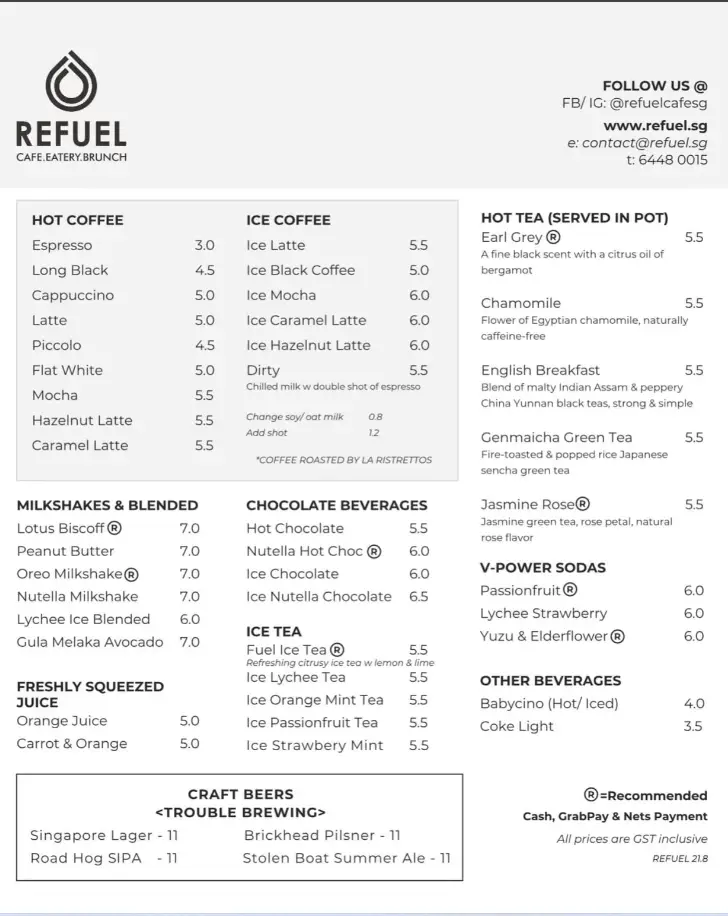 Refuel Cafe Singapore Menu